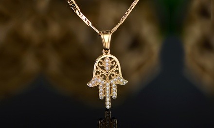 Gold Plated Hamsa Necklace Made with Swarovski Crystals 