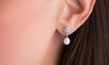 Clearance: Nina & Grace CZ and Cultured Freshwater Pearl Drop Earrings in Sterling Silver