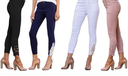 Women's Crochet Applique Hem Jeggings. Plus Sizes Available.