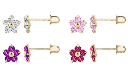 14K Solid Gold Cubic Zirconia Flower Stud Earrings by Dazzling Kiddos