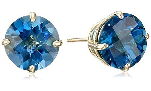 10k Yellow Gold 4.5 Carat Round London Blue Topaz Stud Earrings