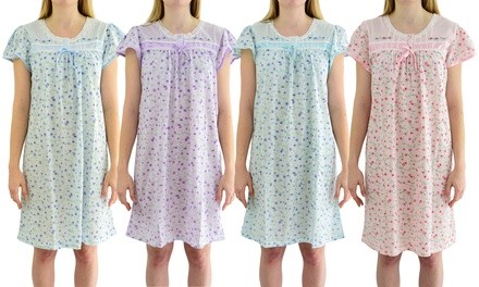 EZI Women's Floral Nightgown with Satin Trim. Plus Sizes Available.