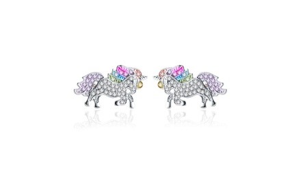 Multi-Colored Swarovski Crystal Unicorn Stud Earrings in 18k White Gold Plating