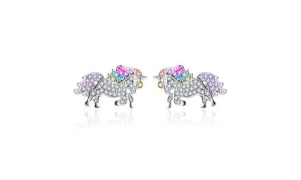 Multi-Colored Swarovski Crystal Unicorn Stud Earrings in 18k White Gold Plating