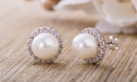 Nina & Grace 9mm Freshwater Pearl and Cubic Zirconia Halo Stud Earrings
