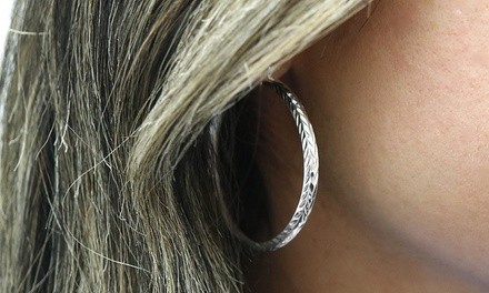 Italian Sterling Silver 40mm Etched Hoop Earrings. Multiple Platings.
