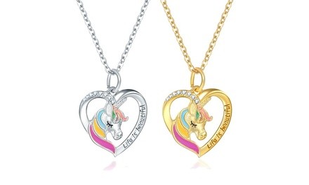 Fashion Women's 925 Silver Love Heart Unicorn Pendant Color Pony Necklace