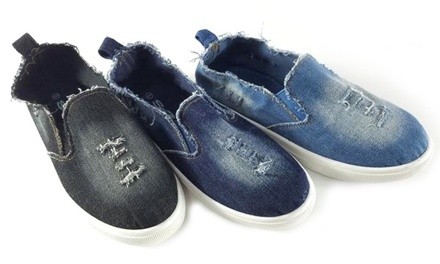 Girls' Fashion Distressed Denim Casual Slip-On Sneakers