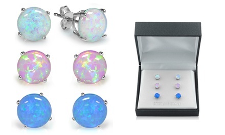 Sterling Silver Trio Blue, White, and Pink Opal Earring Set (3-Pair)