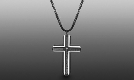 Simply Steel Men's 2-Tone Layered Lords Prayer Cross Necklace in Stainless Steel