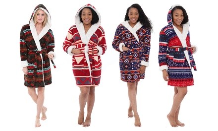 Alexander Del Rossa Women's Sherpa-Fleece Hooded Robe. Plus Sizes Available.