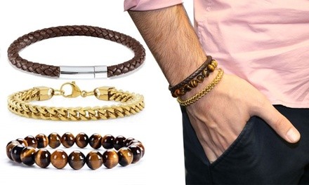 3 Piece Genuine Tigers Eye , Leather and 18K Gold plated Stackable Bracelet Set