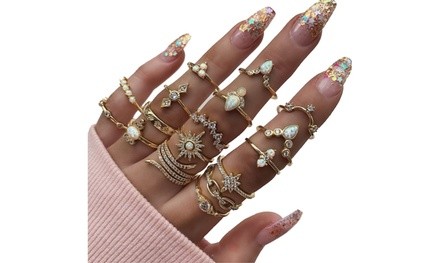 17 Pcs/Set Women Luxury Knuckle Gemstone Irregularity Ring Set