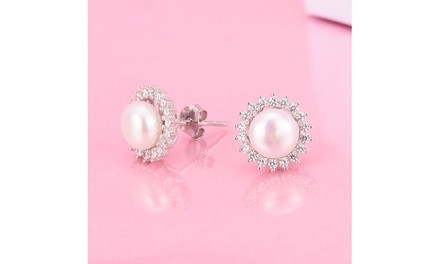 Sterling Silver & Cultured Pearl Halo Stud Earrings with Swarovski Elements