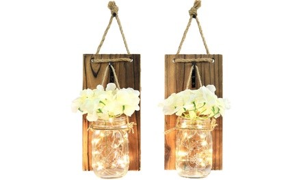 Greenco Wall Hung Mason Jar Sconce with Faux Flower and Led Strip Lights, Rustic