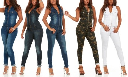 Smart Jeans Women's Denim Sleeveless Skinny-Fit Jumpsuit. Junior and Plus Sizes Available.