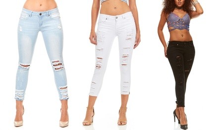 Ladies' Ripped Distressed Cropped Skinny Jeans. Plus Sizes Available.