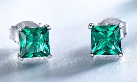 2.00 CTTW Sterling Silver Emerald Princess Cut Studs