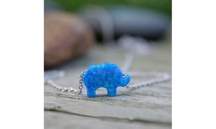 Graduated Blue Fire Opal Elephant Necklace in 18K White Gold Plating