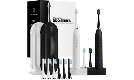 AquaSonic DUO Dual Ultrasonic Toothbrushes with 10 Brush Heads and 2 Travel Cases