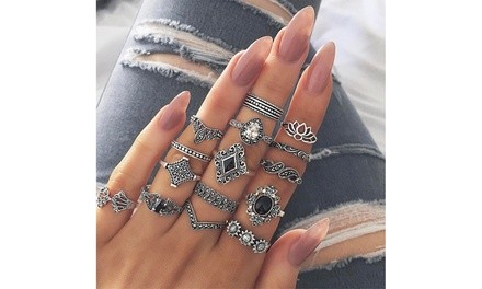 Women's Bohemian Vintage Ancient Silver Lotus Cool Ring 15-Piece Set