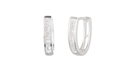 18K White Gold Sterling Silver CZ Huggie Earring