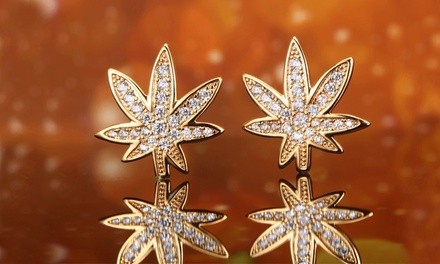 Gold Plated Cannabis Stud Earrings Made with Swarovski Crystal