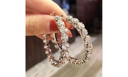 18K White Gold Big White Round Double Zircon Stone Hoop Earrings For Women