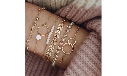 6PCS/Set Women Boho Geometric Leaves Beads Layered Hand Charm Bracelets Set