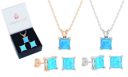 Genuine Gemstone Blue Opal Princess Pendant and Stud Earrings Set by Gemma Luna