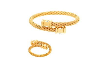 Gold-Tone Stainless Steel Twist Texture CZ Bezel Bangle and Ring Set