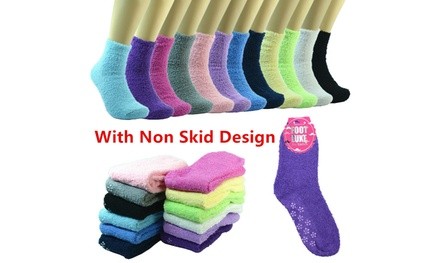 Women 6 Pairs Super Soft Winter Non-Skid Cozy Fuzzy Solid Slipper Socks 9-11