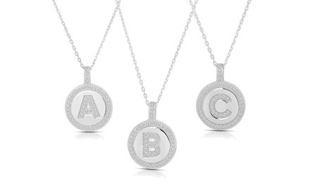 Sterling Silver Crystal Round Disc Initial Pendant Necklace