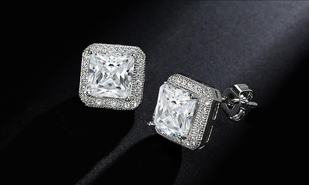 Elements of Love Princess Cut Halo Stud Earrings in 14K White Gold Plating Made with Swarovski Elements