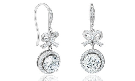 Elements of Love Bow and Halo Drop Earrings in 18K White Gold Plating Made with Swarovski Elements