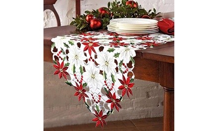 Christmas Embroidered Table Runner Holly Poinsettia for Christmas Decorations