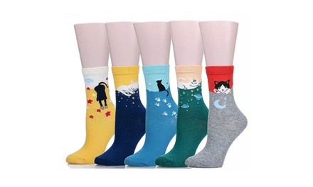 5 Pairs Cute Cat Design Casual Comfortable Cotton Crew Socks For Women