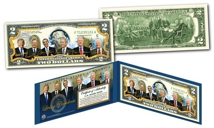 Living Presidents Official Legal Tender U.S. Two Dollar Bill with Donald Trump