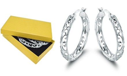 Filigree-Cutout Hoop Earrings in Rhodium Plating