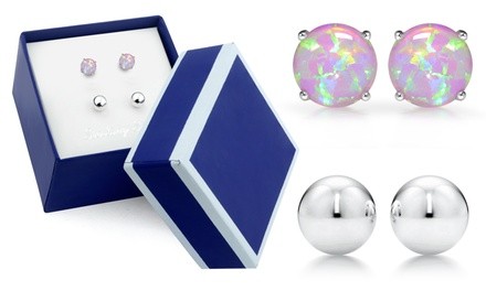 Sterling Silver Pink Opal and Ball Stud Duo Set In a Box By MUIBLU Gems