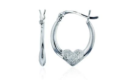 Sterling Silver Rhodium Glitter Heart Hoop Earring