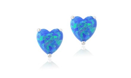 Blue Opal 7mm Heart Stud Earrings in 925 Sterling Silver