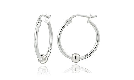 Sterling Silver Bead Round Hoop Earrings, 20mm