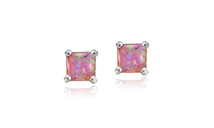 Pink Opal 7mm Solitaire Square Stud Earrings in 925 Sterling Silver