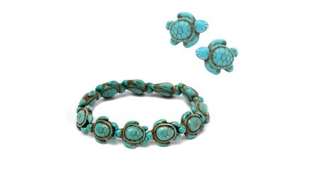 Handmade Turquoise Hawaiian Sea Turtle Bracelet and Aquamarine Earrings Set