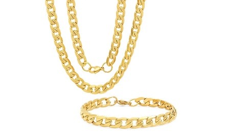  Men's Stainless Steel Diamond Cut Cuban Link Chain Necklace And Bracelet Set