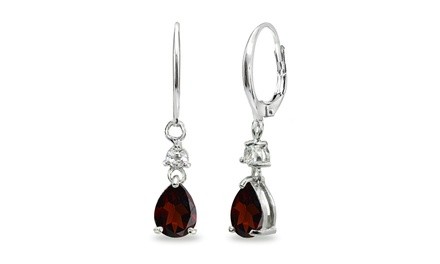 8x6mm Teardrop Garnet & White Topaz Sterling Silver Dangle Leverback Earrings