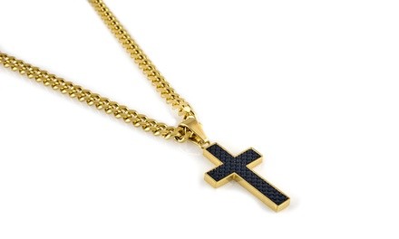 18k Gold or Silver Plated Carbon Fiber Inlay Cross with Curb Men's Chain