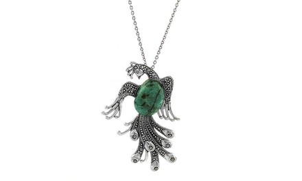 Genuine Turquoise and Marcasite Sterling Silver Peacock Necklace