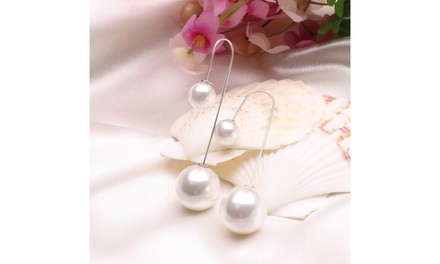 Double White Pearl Thread Drop Earrings in White Gold Plating